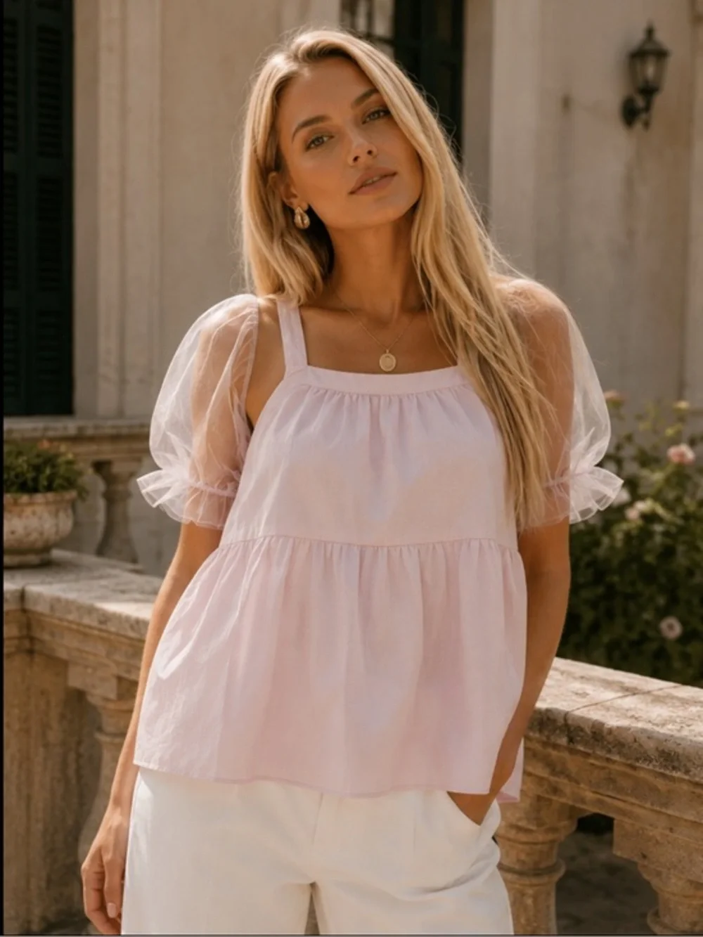 ✅ Tuckernuck Pomander Place Blouse Puff Sleeve in Light Pink